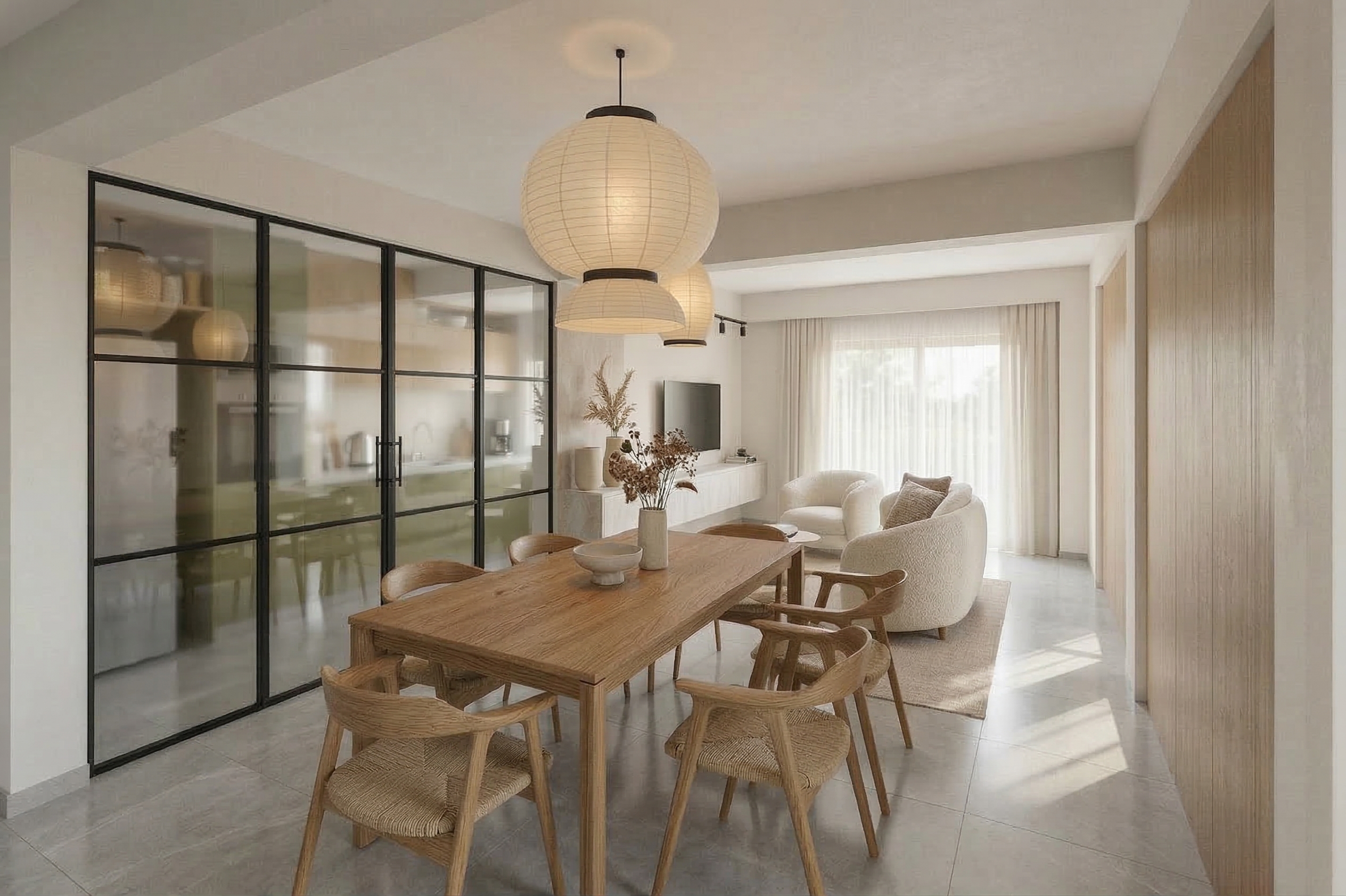 Render comedor living japandi