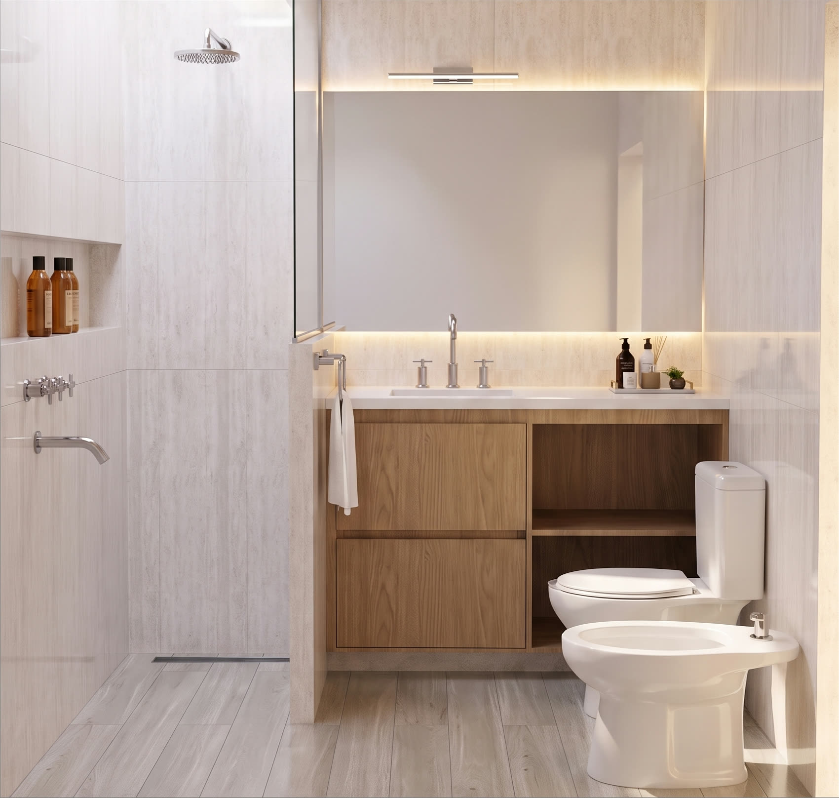 Baño blanco con piso Nórdica