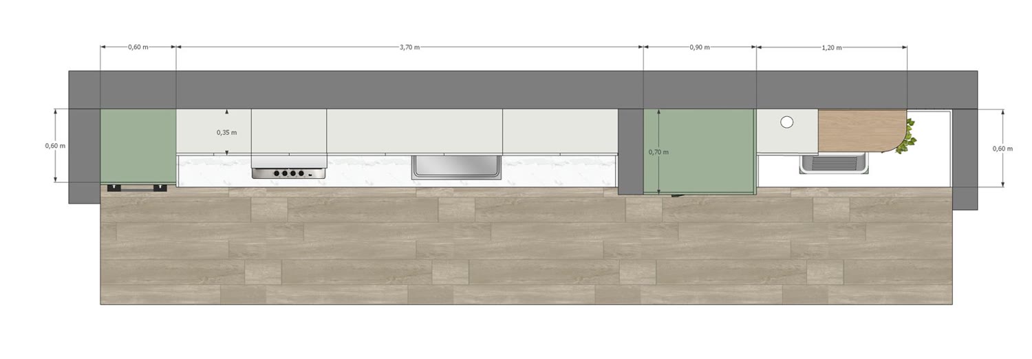 Cocina en planta con medidas